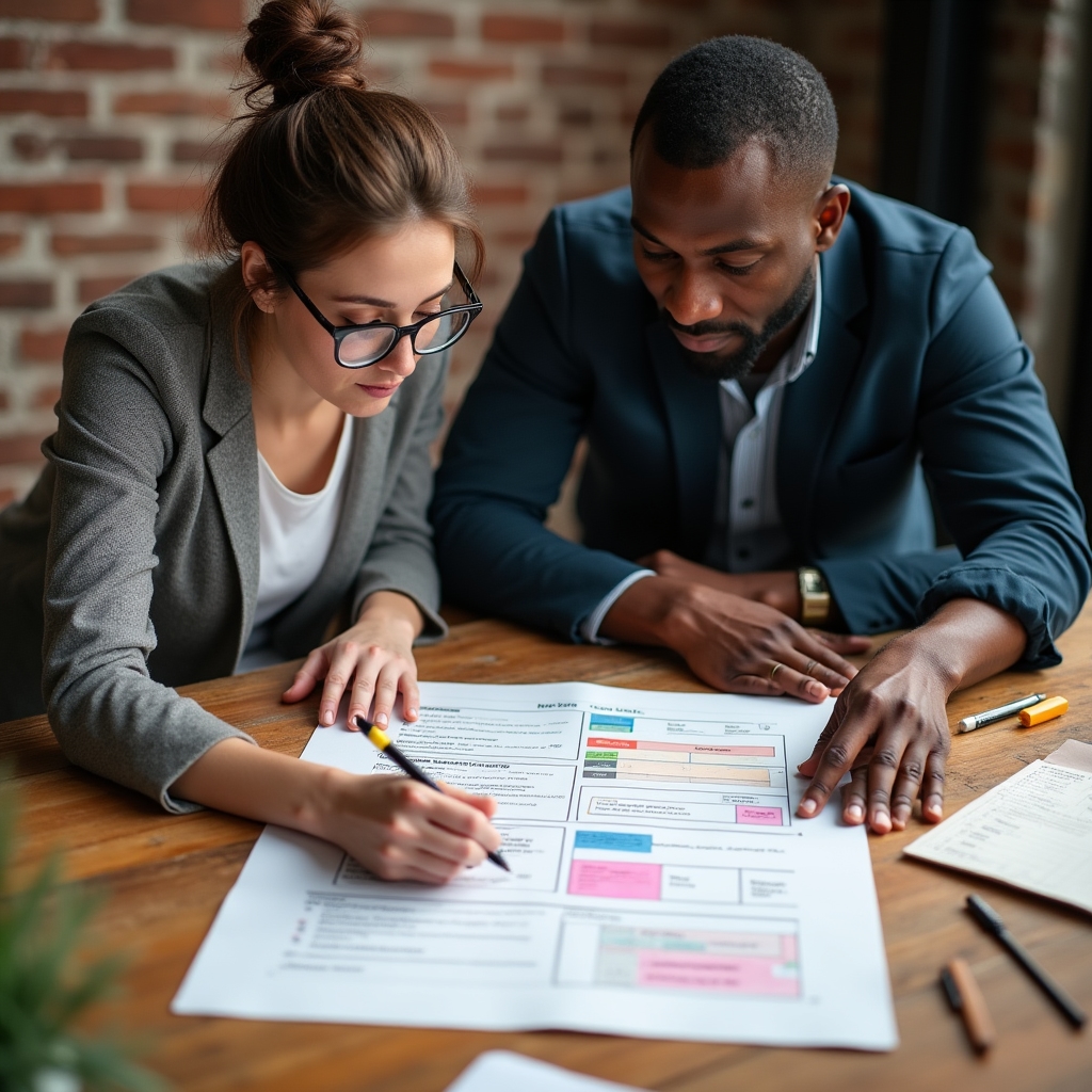 Two content professionals reviewing a printed content audit spreadsheet on a large table