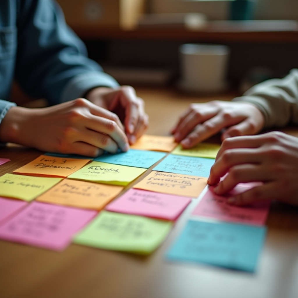 Close up of hands arranging colored sticky notes representing buyer journey stages on a table