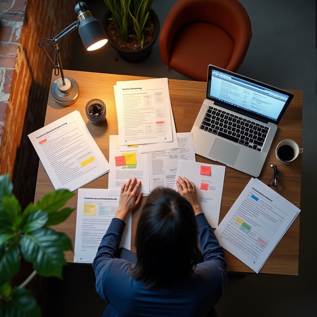 Content strategist reviewing an editorial roadmap spread across a loft office desk