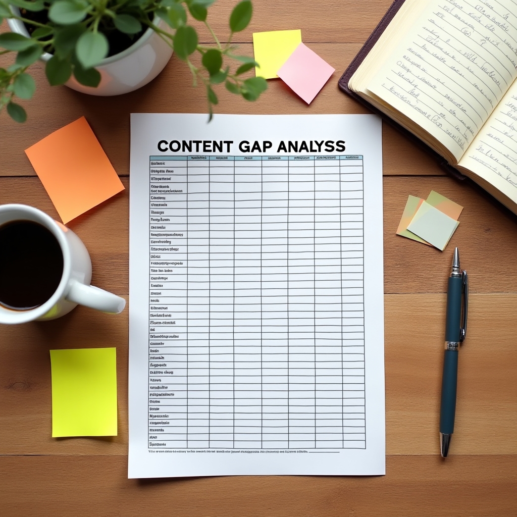 Overhead view of a content gap analysis spreadsheet, sticky notes, and a coffee cup on a wooden desk