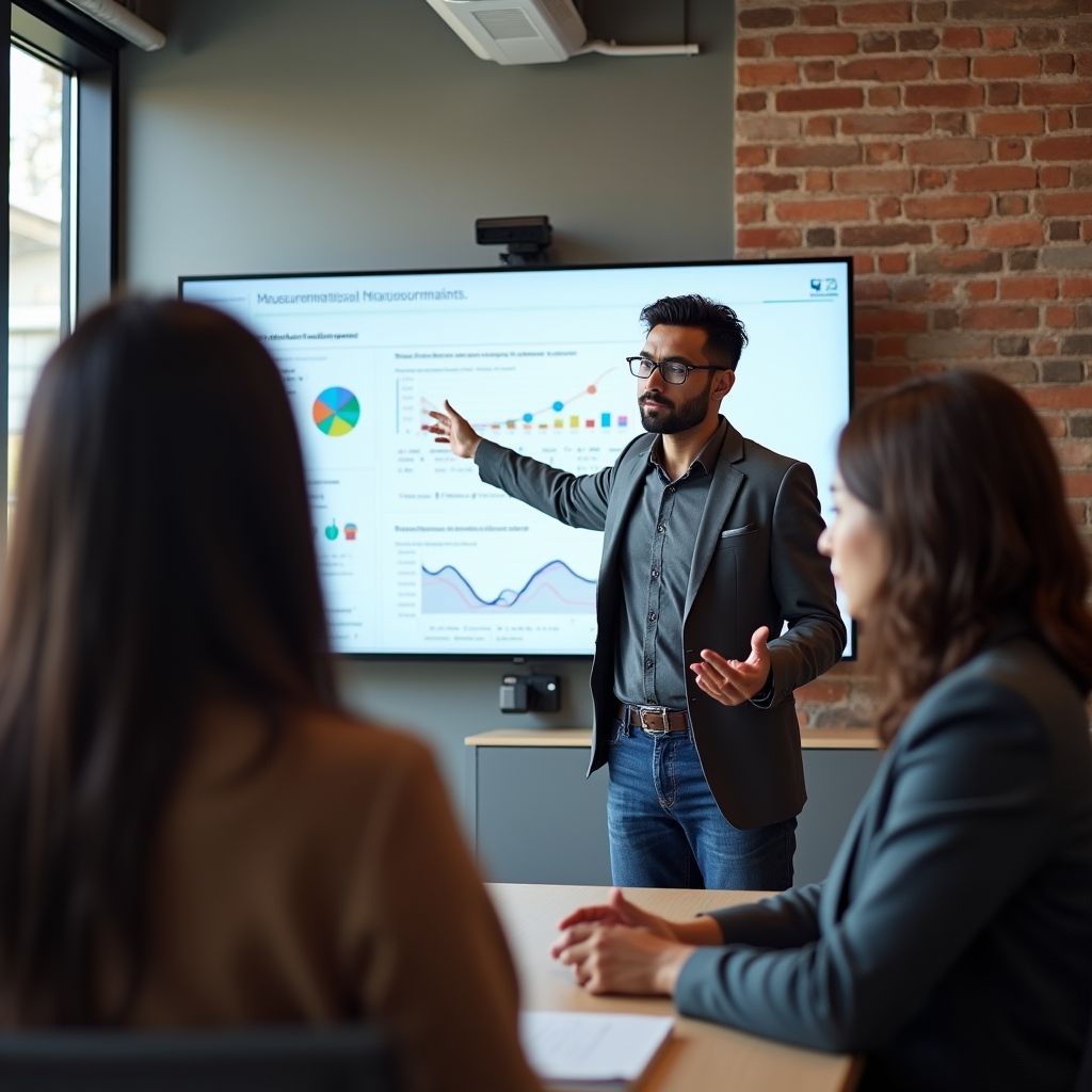 Content strategist presenting a measurement dashboard to two colleagues in a bright meeting room